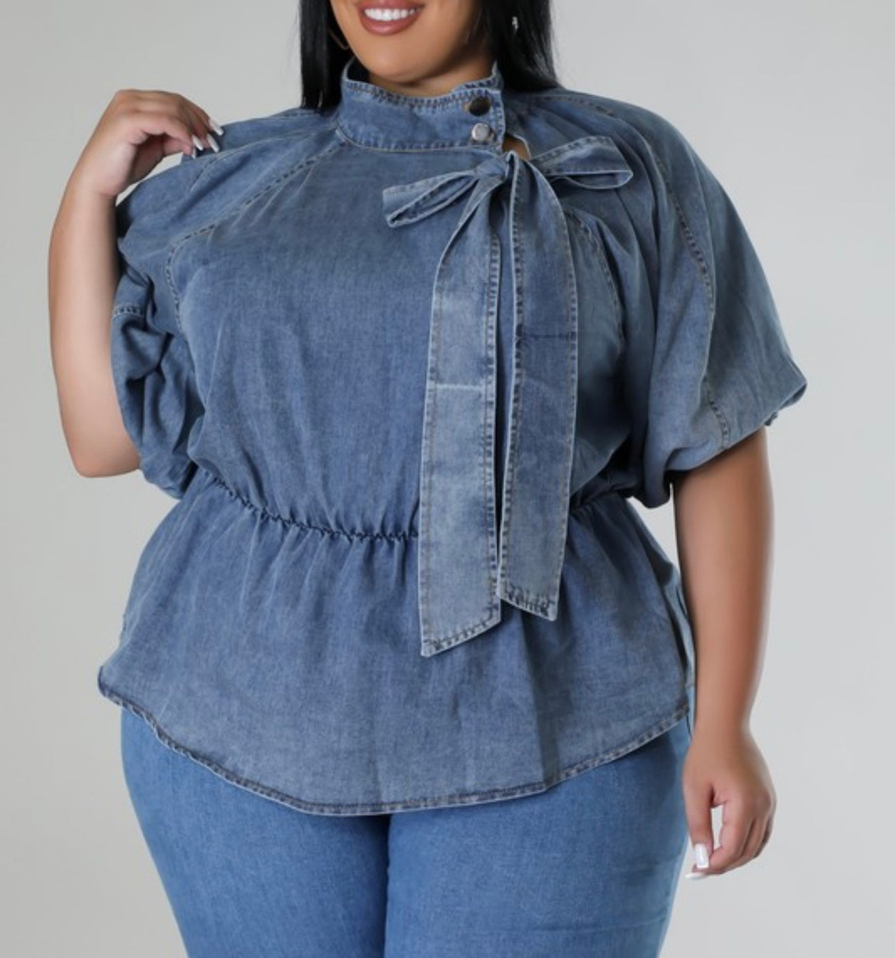 Bubble Denim Blouse - Blue Denim